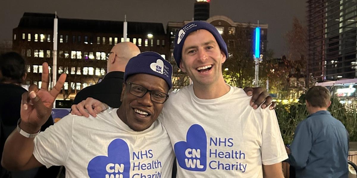 Nick Green and Tom Shearer wearing CNWL NHS Health Charity t-shirts