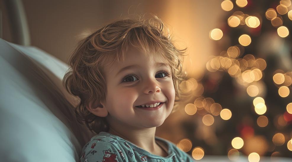 A young boy (a child) sitting in a hospital bed smiling